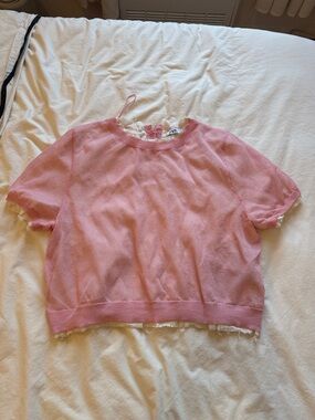 Zara Pink Short Sleeve Knit Top with Lace Trim